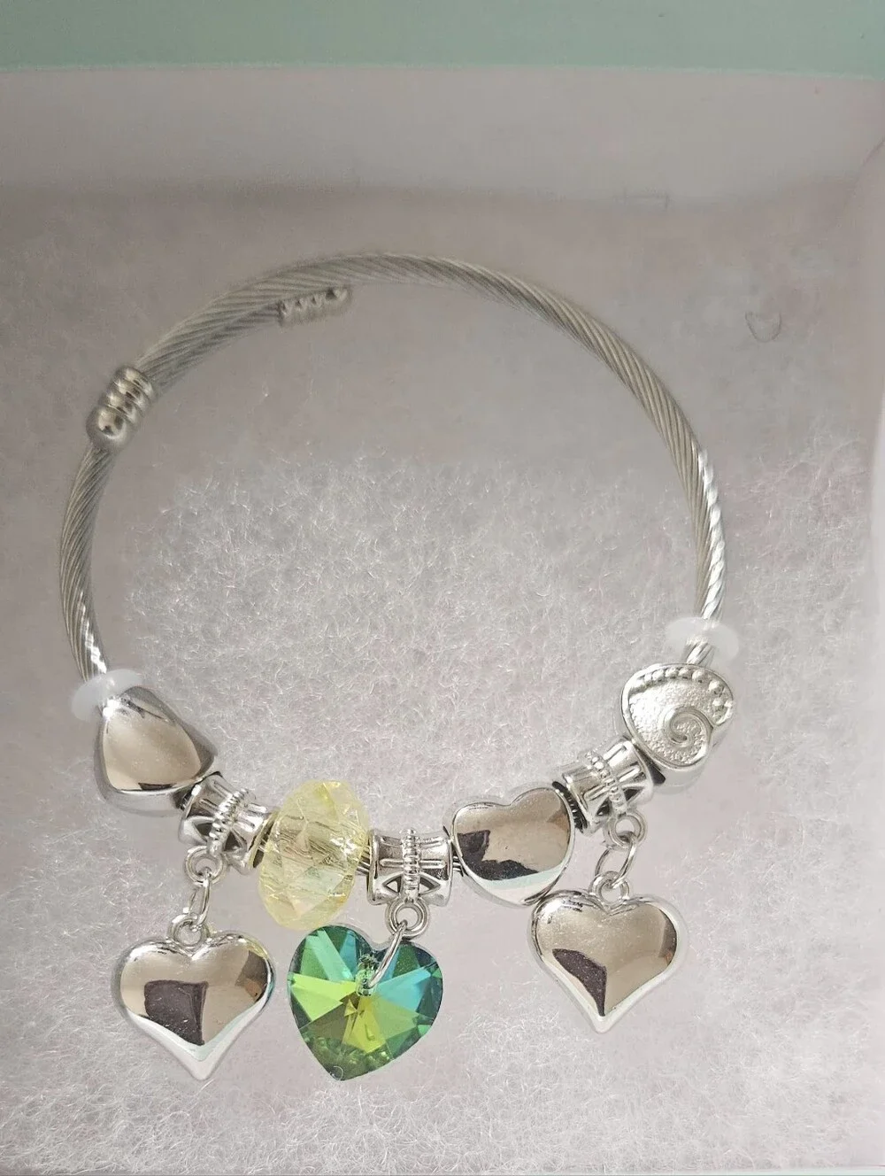 Silver Heart Charm Bangle with Green and Yellow Crystal Accents